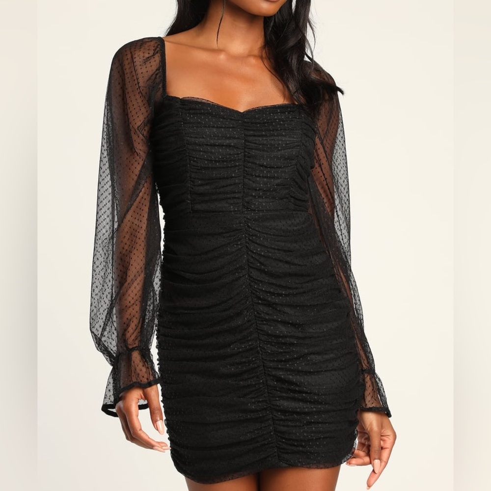 Lulu’s “Always Looking Good Black Mesh Ruched Long Sleeve Mini Dress” SM & M